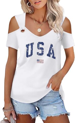 Womens 4th of July Shirt Funny Hollow Out Sweet O Ring Shoulder Short Sleeve Tee Summer Loose Fit Patriotic T-Shirt in Kuwait