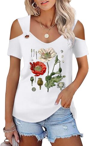 Womens 4th of July Shirt Funny Hollow Out Sweet O Ring Shoulder Short Sleeve Tee Summer Loose Fit Patriotic T-Shirt in Saudi Arabia