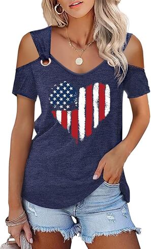 Womens 4th of July Shirt Funny Hollow Out Sweet O Ring Shoulder Short Sleeve Tee Summer Loose Fit Patriotic T-Shirt in Saudi Arabia