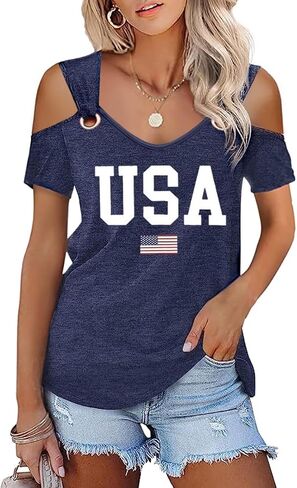 Womens 4th of July Shirt Funny Hollow Out Sweet O Ring Shoulder Short Sleeve Tee Summer Loose Fit Patriotic T-Shirt in Saudi Arabia
