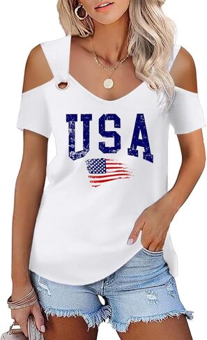 Womens 4th of July Shirt Funny Hollow Out Sweet O Ring Shoulder Short Sleeve Tee Summer Loose Fit Patriotic T-Shirt in Saudi Arabia