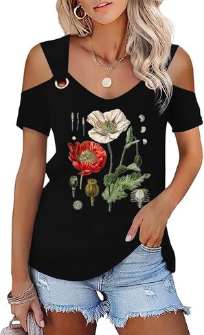 Womens 4th of July Shirt Funny Hollow Out Sweet O Ring Shoulder Short Sleeve Tee Summer Loose Fit Patriotic T-Shirt in Saudi Arabia