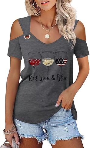 Womens 4th of July Shirt Funny Hollow Out Sweet O Ring Shoulder Short Sleeve Tee Summer Loose Fit Patriotic T-Shirt in Saudi Arabia