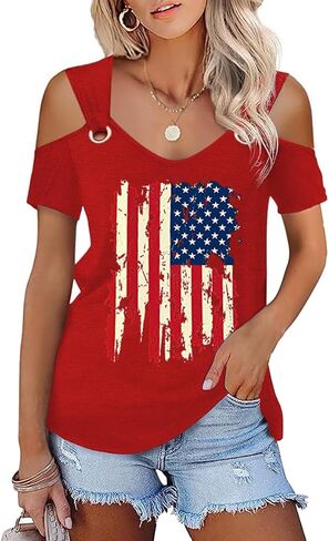 Womens 4th of July Shirt Funny Hollow Out Sweet O Ring Shoulder Short Sleeve Tee Summer Loose Fit Patriotic T-Shirt in Saudi Arabia