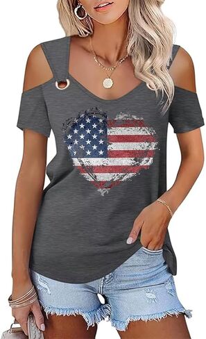 Womens 4th of July Shirt Funny Hollow Out Sweet O Ring Shoulder Short Sleeve Tee Summer Loose Fit Patriotic T-Shirt in Saudi Arabia