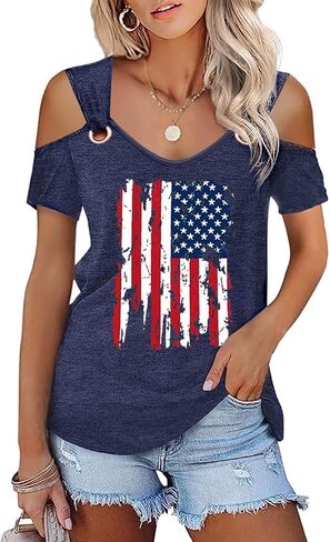Womens 4th of July Shirt Funny Hollow Out Sweet O Ring Shoulder Short Sleeve Tee Summer Loose Fit Patriotic T-Shirt in Saudi Arabia