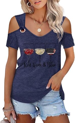 Womens 4th of July Shirt Funny Hollow Out Sweet O Ring Shoulder Short Sleeve Tee Summer Loose Fit Patriotic T-Shirt in Saudi Arabia