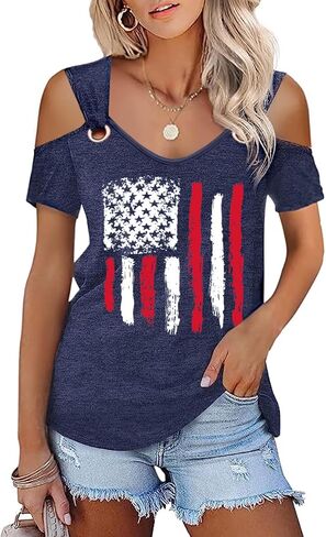 Womens 4th of July Shirt Funny Hollow Out Sweet O Ring Shoulder Short Sleeve Tee Summer Loose Fit Patriotic T-Shirt in Saudi Arabia