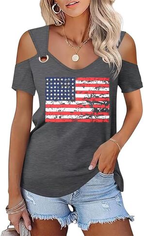 Womens 4th of July Shirt Funny Hollow Out Sweet O Ring Shoulder Short Sleeve Tee Summer Loose Fit Patriotic T-Shirt in Saudi Arabia