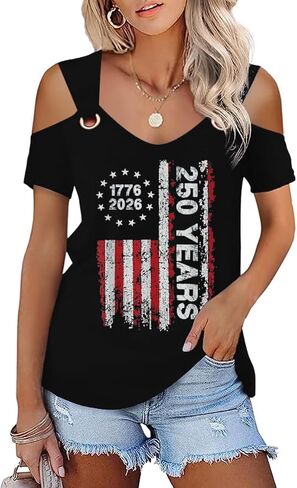 Womens 4th of July Shirt Funny Hollow Out Sweet O Ring Shoulder Short Sleeve Tee Summer Loose Fit Patriotic T-Shirt in Saudi Arabia