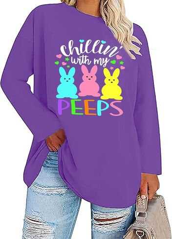 تي شيرت نسائي مقاس كبير لعيد الفصح السعيد مضحك لطيف على شكل أرنب أرنب جرافيك تي شيرت كاجوال بأكمام طويلة لعطلة عيد الفصح in Kuwait