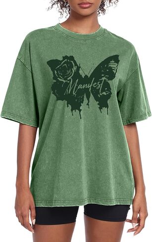 تي شيرت نسائي كبير الحجم من QLIPIN - تي شيرت فضفاض بطبعة فراشة، تي شيرت قطني بأكمام قصيرة in Kuwait