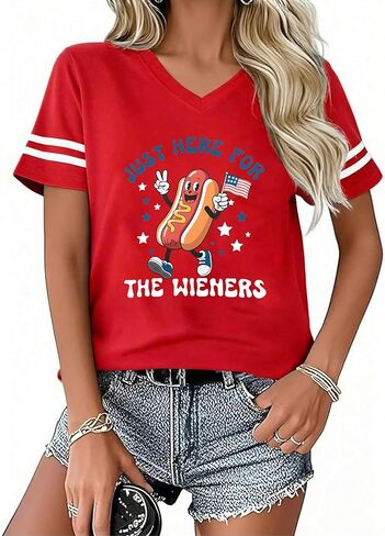 You Look Like 4th of July Makes Me Want A Hot Dog Real Bad Shirts Women USA Tshirt Patriotic V Neck Tee Tops in Saudi Arabia