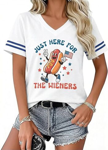 You Look Like 4th of July Makes Me Want A Hot Dog Real Bad Shirts Women USA Tshirt Patriotic V Neck Tee Tops in Saudi Arabia