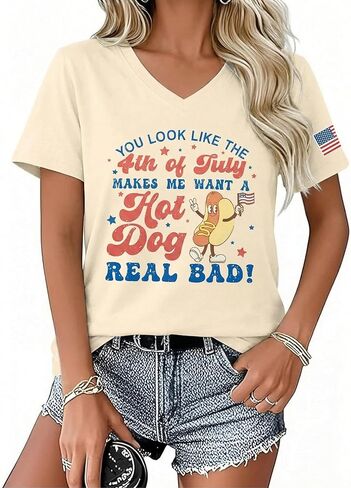 You Look Like 4th of July Makes Me Want A Hot Dog Real Bad Shirts Women USA Tshirt Patriotic V Neck Tee Tops in Saudi Arabia