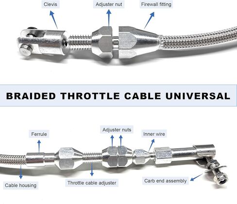 مجموعة كابلات خانق مضفرة من الفولاذ المقاوم للصدأ مقاس 24 بوصة، كابلات تسريع قابلة للتعديل مع تركيبات وطويق من الألومنيوم، استبدال كابل خانق عالمي متوافق مع معظم المركبات in Kuwait