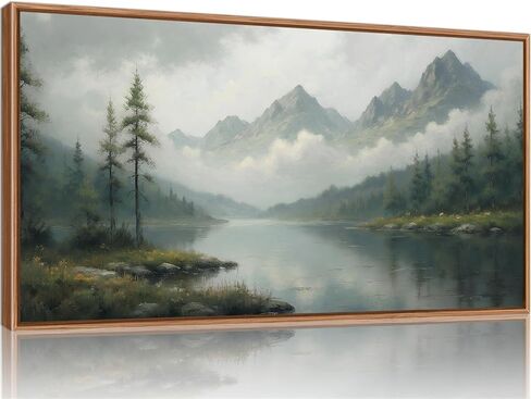 SIGNINART Large Green Forest Framed Canvas Wall Art, Misty Mountain Lake Wall Decor, Modern Foggy Wood Landscape Artwork, Nature Oil Painting Art Print for Living Room, Bedroom, Office 20"x40" in Saudi Arabia
