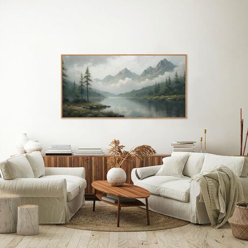 SIGNINART Large Green Forest Framed Canvas Wall Art, Misty Mountain Lake Wall Decor, Modern Foggy Wood Landscape Artwork, Nature Oil Painting Art Print for Living Room, Bedroom, Office 20"x40" in Saudi Arabia