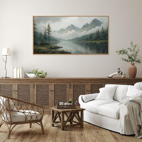 SIGNINART Large Green Forest Framed Canvas Wall Art, Misty Mountain Lake Wall Decor, Modern Foggy Wood Landscape Artwork, Nature Oil Painting Art Print for Living Room, Bedroom, Office 20"x40" in Saudi Arabia
