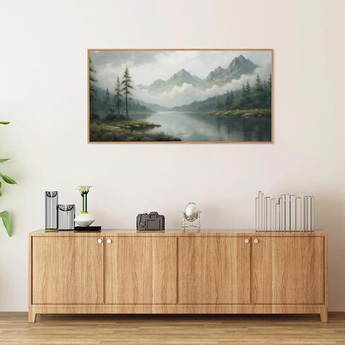 SIGNINART Large Green Forest Framed Canvas Wall Art, Misty Mountain Lake Wall Decor, Modern Foggy Wood Landscape Artwork, Nature Oil Painting Art Print for Living Room, Bedroom, Office 20"x40" in Saudi Arabia