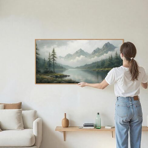 SIGNINART Large Green Forest Framed Canvas Wall Art, Misty Mountain Lake Wall Decor, Modern Foggy Wood Landscape Artwork, Nature Oil Painting Art Print for Living Room, Bedroom, Office 20"x40" in Saudi Arabia
