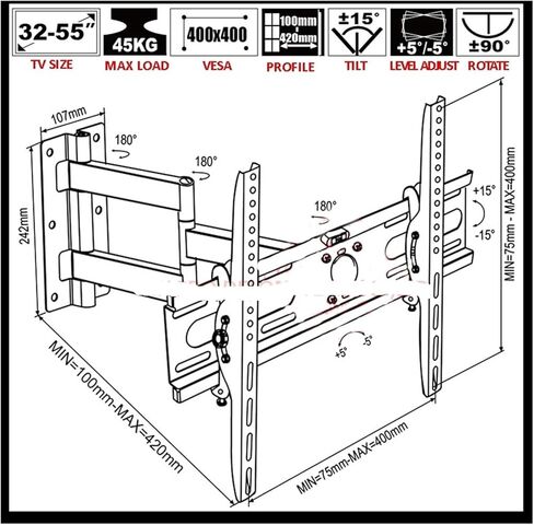 DL-WA-150ST 400X400 Full Motion 45kg 40" 42" 46" 55" Retractable Rotating LCD Plasma TV Stand LCD Wall Mount LED Stand in Saudi Arabia