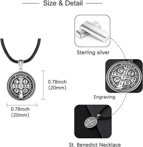 St. Benedict Necklace for Women Men: 925 Sterling Silver Exorcism Saint Benedict Necklace Pendant Medal De San Benito Anillo Catholic Christian Cross Protection Jewelry Gifts in Kuwait