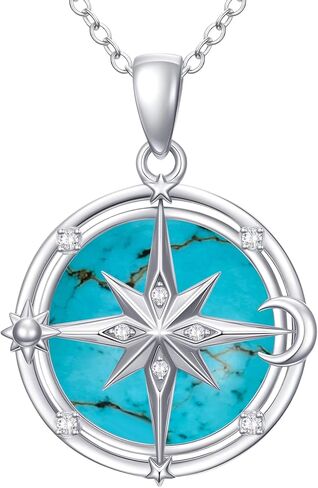 Opal/Turquoise Compass Pendant Necklace for Women 925 Sterling Silver Diamond Compass Necklace with Sun Moon Star for Her in Kuwait