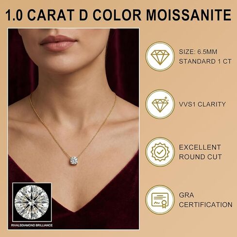 1ct Moissanite Pendant Necklace for Women, Round Cut D Color VVS1, 925 Sterling Silver 18K Gold Plated, Gift Box, Adjustable 16–18 in Kuwait