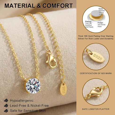 1ct Moissanite Pendant Necklace for Women, Round Cut D Color VVS1, 925 Sterling Silver 18K Gold Plated, Gift Box, Adjustable 16–18 in Kuwait