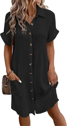 chouyatou Women's Casual Short Sleeve V Neck Dresses Button Down Loose Shirt Dress with Pocket in Saudi Arabia