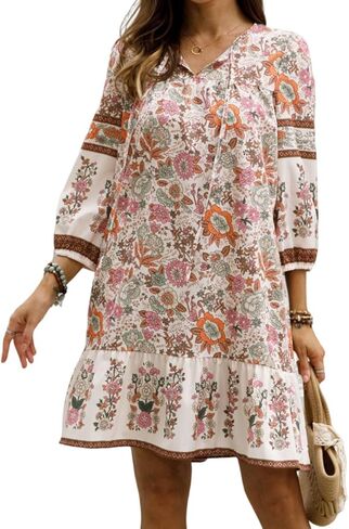 Scacto Women Long Sleeves Ruffle Floral Flowy Boho Dress Mini Short Beach Sundress in Kuwait