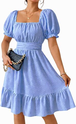 LIGHT DOT Women's Summer Short Dress Tie Back Milkmaid Dress Swiss Dot Puff Sleeve Square Neck Casual in Kuwait