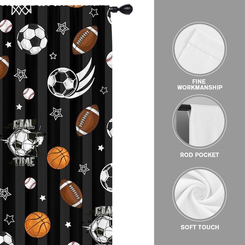 Coxila Kids Boys Window Curtains for Bedroom 42 x 63 Inch Rod Pocket Sports Football Basketball Baseball Soccer Cartoon Ball Black Gamer Home Teen Living Room Treatment Set of 2 Curtain Panels Drapes in Kuwait