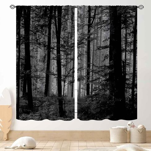 Forest Curtains, Gothic Natural Scenery Fantasy Dark Black Misty Foggy Mysterious Forest Woodland Tree Art Printed Window Drapery Treatments for Bedroom Living Room Home Halloween Decor,42"x45" Inch in Kuwait