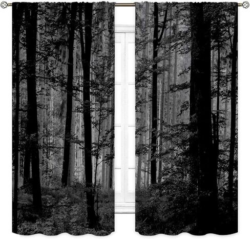Forest Curtains, Gothic Natural Scenery Fantasy Dark Black Misty Foggy Mysterious Forest Woodland Tree Art Printed Window Drapery Treatments for Bedroom Living Room Home Halloween Decor,42"x45" Inch in Kuwait