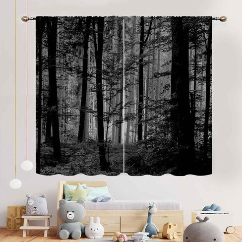 Forest Curtains, Gothic Natural Scenery Fantasy Dark Black Misty Foggy Mysterious Forest Woodland Tree Art Printed Window Drapery Treatments for Bedroom Living Room Home Halloween Decor,42"x45" Inch in Kuwait