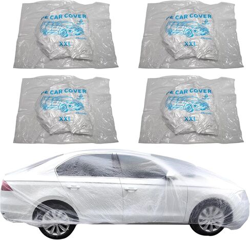 4 عبوات من أغطية السيارات الشفافة للاستعمال مرة واحدة، أغطية حماية بلاستيكية متوسطة الحجم للمركبات مع شريط مطاطي، مناسبة عالميًا لتخزين غبار المطر في الأماكن المغلقة والخارجية in Kuwait