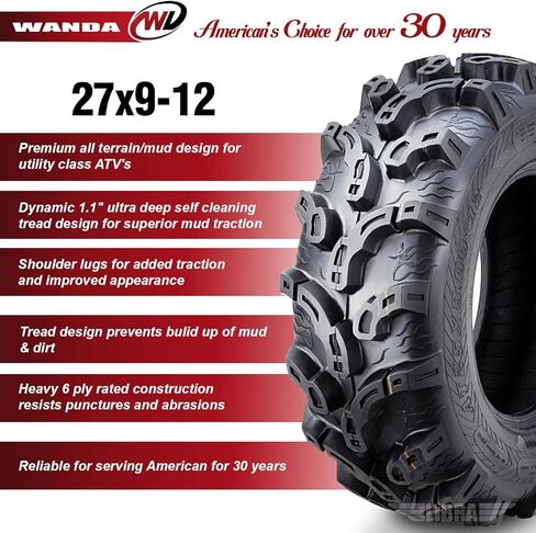 WANDA Super Lug Mud ATV Tire Set of 27x9-12 fit for 11-17 Polaris Ranger RZR XP/4/S 900 ATV Front in Saudi Arabia