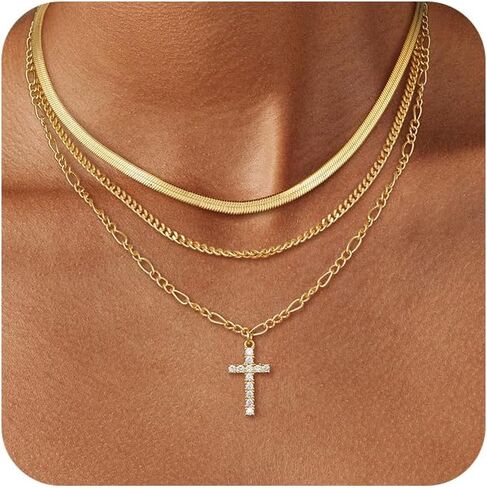 LEXODY Layered Necklaces for Women, Stackable Stack 14K Gold Plated Paperclip Chain Choker Necklace Dainty Diamond Cross Pendant Necklaces Set Trendy Simple Jewelry Gift in Kuwait