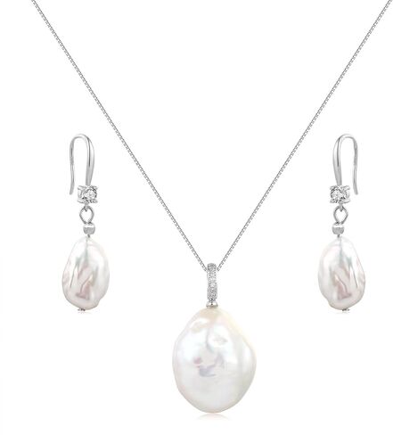 الأبيض الباروك اللؤلؤ قلادة وحلق مجموعة 10-18mm S925 الفضة الاسترليني انفصال لؤلؤ المياه العذبة الطبيعية معلقة قلادة قطرة الأقراط مجموعة خمر اللؤلؤ والمجوهرات هدية للنساء in Kuwait