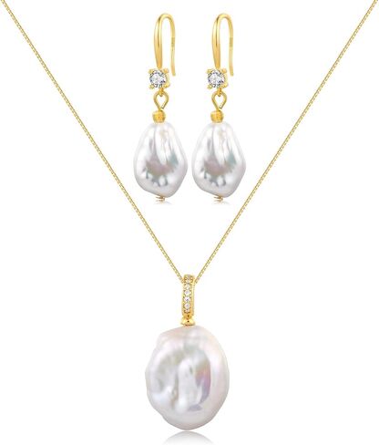 White Baroque Pearl Necklace and Earring Set 10-18mm S925 Sterling Silver Detachable Natural Freshwater Pearl Pendent Necklace Drop Earrings Set Vintage Pearl Jewelry Gift For Women in Kuwait