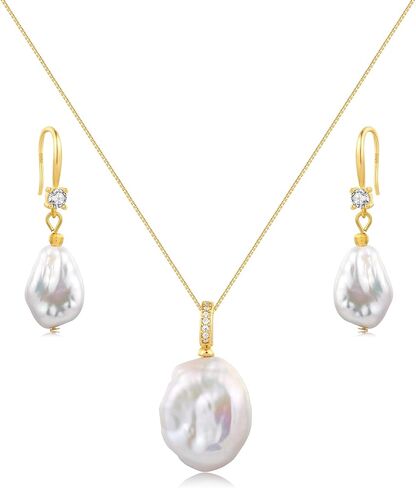 White Baroque Pearl Necklace and Earring Set 10-18mm S925 Sterling Silver Detachable Natural Freshwater Pearl Pendent Necklace Drop Earrings Set Vintage Pearl Jewelry Gift For Women in Kuwait