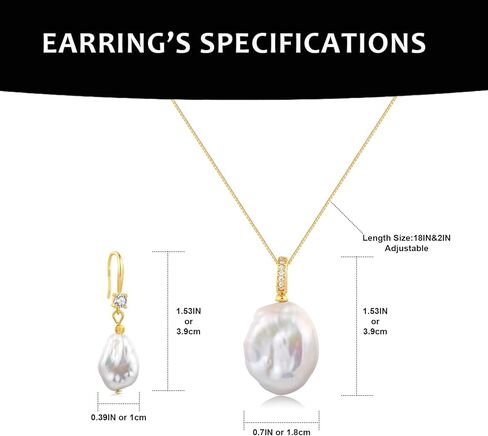 White Baroque Pearl Necklace and Earring Set 10-18mm S925 Sterling Silver Detachable Natural Freshwater Pearl Pendent Necklace Drop Earrings Set Vintage Pearl Jewelry Gift For Women in Kuwait