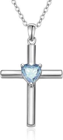 Easter Gifts for Women Wife Daughter - Birthstone Cross Necklace: Solid 925 Sterling Silver 18K White Gold Christian Jewelry Cross Heart Pendant, Birthday Faith Baptism Confirmation Gifts for Her Mom in Kuwait