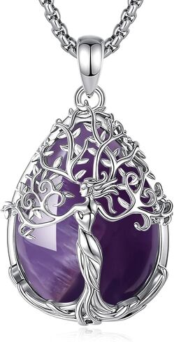 AEONSLOVE Tree of Life Necklace with Crystal for Women, Amethyst/Obsidian/Turquoise/Moonstone/Malachite Crystal Pendant Necklaces for Ladies in Saudi Arabia