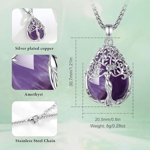 AEONSLOVE Tree of Life Necklace with Crystal for Women, Amethyst/Obsidian/Turquoise/Moonstone/Malachite Crystal Pendant Necklaces for Ladies in Saudi Arabia