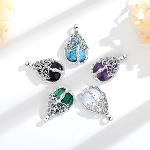 AEONSLOVE Tree of Life Necklace with Crystal for Women, Amethyst/Obsidian/Turquoise/Moonstone/Malachite Crystal Pendant Necklaces for Ladies in Saudi Arabia