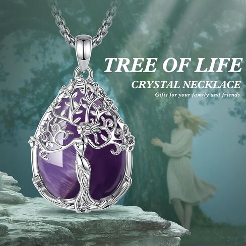 AEONSLOVE Tree of Life Necklace with Crystal for Women, Amethyst/Obsidian/Turquoise/Moonstone/Malachite Crystal Pendant Necklaces for Ladies in Saudi Arabia