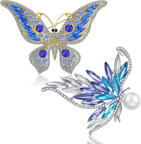 2PCS Rhinestone Pearl Butterfly Brooch, Blue Rhinestone Butterfly Lapel Pins, Sparkling Metal Butterflies Brooch Pin for Weddings, Christmas, Birthdays, Parties, and Everyday Wear, Gift for Women in Kuwait